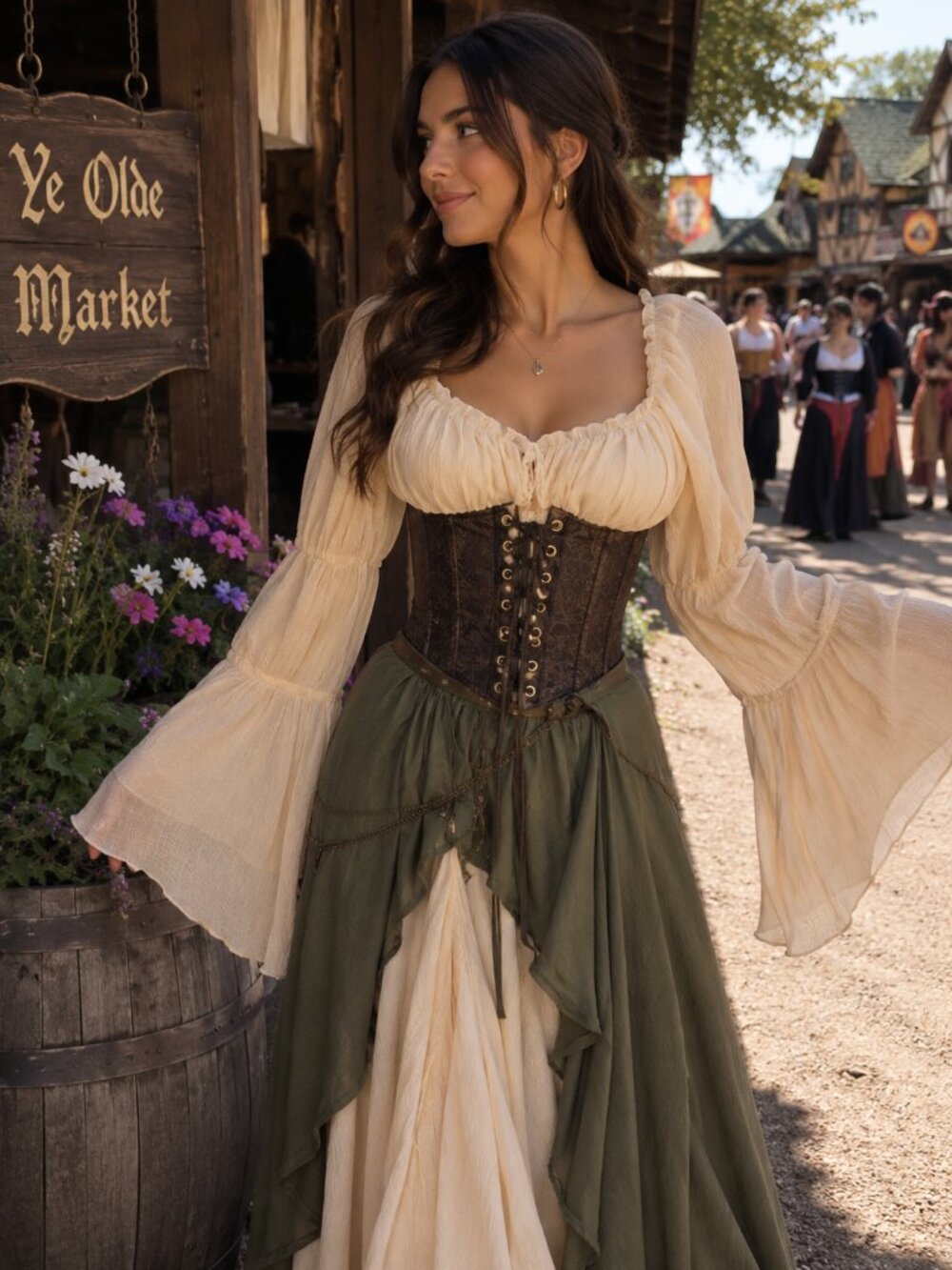 Nasty Gal Cream Renaissance Corset Blouse Bell Sleeve Ren Faire Top